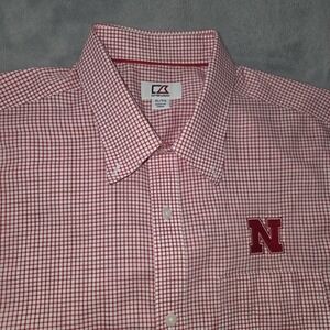 NEBRASKA Cornhuskers Red White Check Button Up Shirt Size XL Freshly Drycleaned